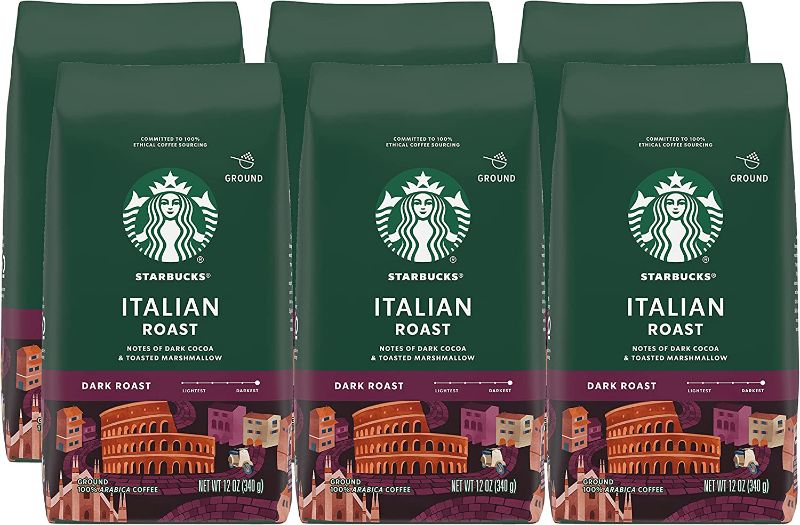 Photo 1 of *BB:2023- Starbucks Ground Coffee, Italian Roast, Dark Roast Coffee, Notes of Dark Cocoa & Toasted Marshmallow, Ground 100% Arabica Coffee, 12-Ounce Bag (Pack of 6)
