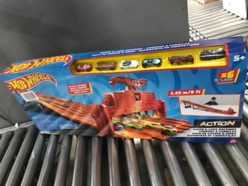 Photo 2 of ?Hot Wheels Track Set with 6 1:64 Scale Toy Cars and 6-Lane Race Track, Includes Track Storage and Lights and Sounds, Super 6-Lane Raceway ???