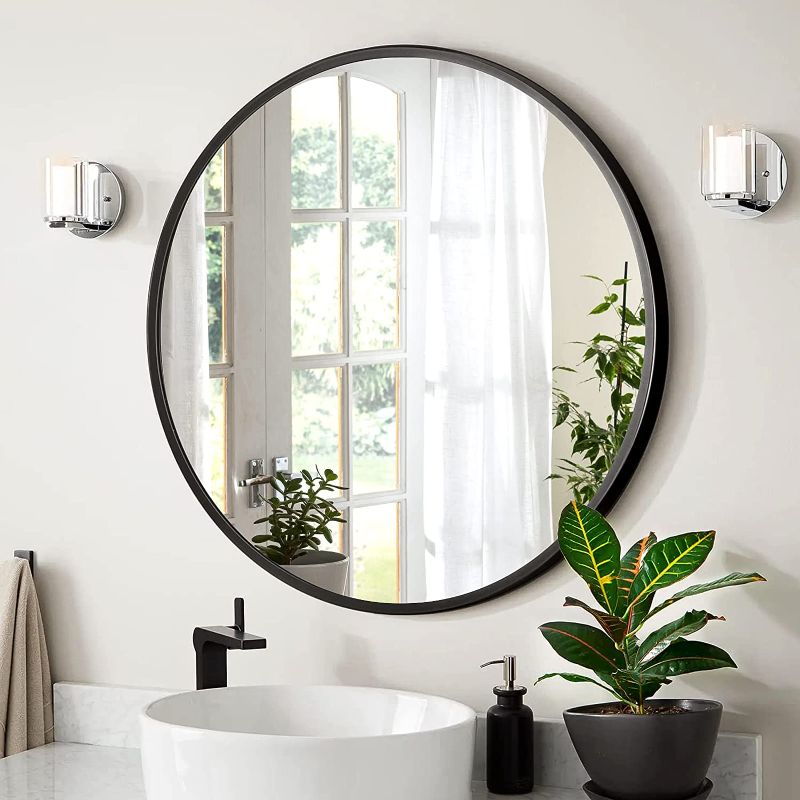 Photo 1 of A.T.Lums 24 Inch Black Round Mirror, Wall Mounted Circle Mirror with Metal Frame, Suitable for Bathroom, Vanity, Entryway, Living Room, Wall Decor