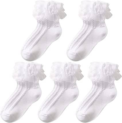 Photo 1 of 5 Pairs Girls Lace Ruffle Cotton Frilly Ankle Socks Cotton White Princess Dance Dress Socks for Little/Big Kids
