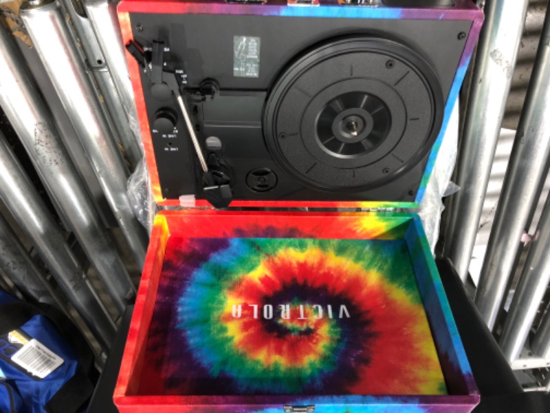 Photo 2 of Used missing power cord unable to test ) Victrola Vintage 3-Speed Bluetooth Portable Suitcase Record Player with Built-in Speakers | Upgraded Turntable Audio Sound| Includes Extra Stylus | Tie Dye, 1SFA (VSC-550BT-TDY) Tie Dye Record Player