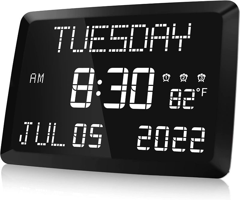 Photo 1 of Raynic Digital Clock, 11.5" Large LED Word Display Dimmable Digital Wall Clock,Adjustable Brightness Digital Alarm Clock with Day and Date,Indoor Temperature,Snooze,12/24H,DST for Home, Office,Elderly
