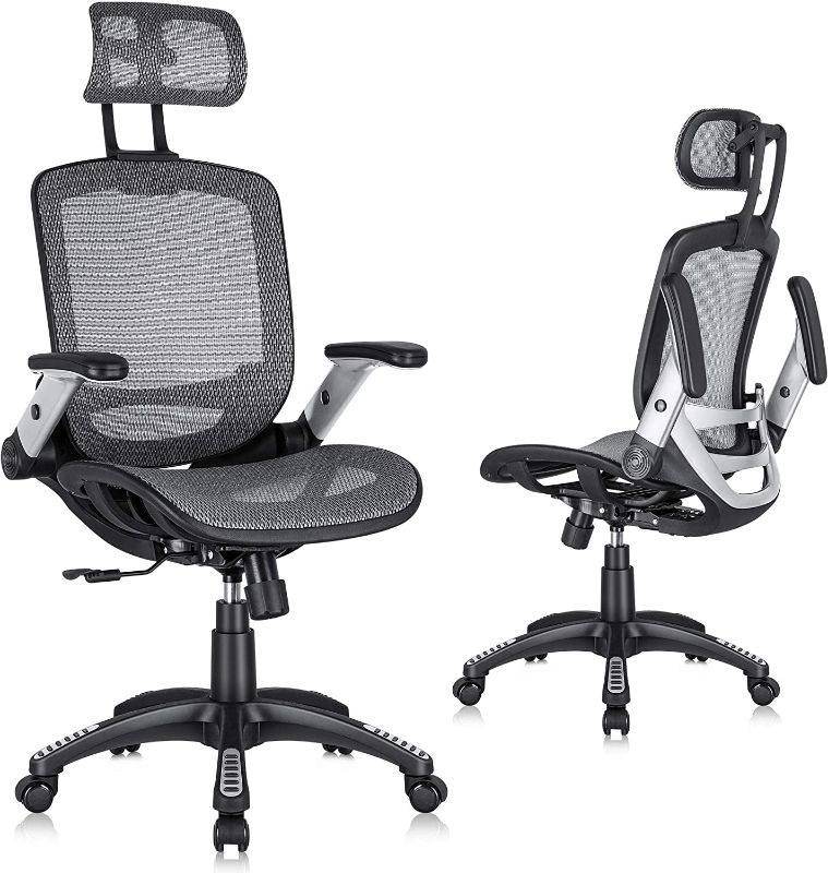 Photo 1 of GABRYLLY Ergonomic Mesh Office Chair, High Back Desk Chair - Adjustable Headrest with Flip-Up Arms, Tilt Function, Lumbar Support and PU Wheels, Swivel Computer Task Chair, Grey
