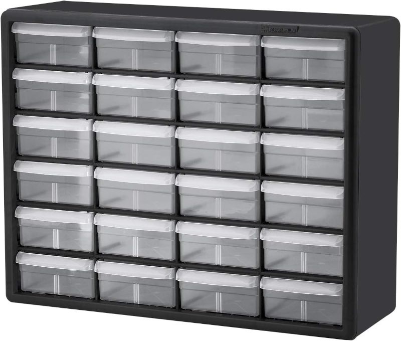 Photo 1 of Akro-Mils 10124, 24 Drawer Plastic Parts Storage Hardware and Craft Cabinet, 20-Inch W x 6-Inch D x 16-Inch H, Black
