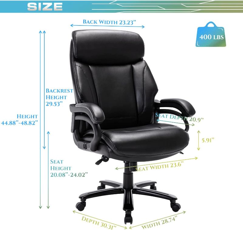 Photo 1 of *** stock picture only used for reference  ** Big and Tall Office Chair 400lbs-Heavy Duty Executive Desk Chair with Extra Wide Seat, High Back Ergonomic Leather Computer Chair with Tilt Rock&Tension, Padded Armrests-Black
