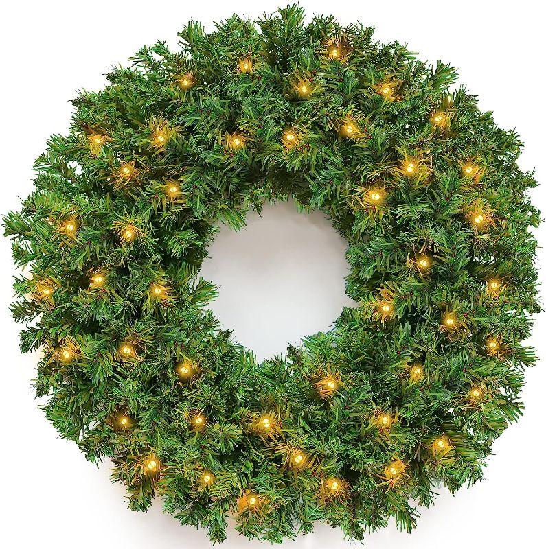 Photo 1 of 24 Inch 80 LED Super Thick Prelit Artificial Christmas Wreath with Lights Timer for Front Door Christmas Decorations Battery Operated 220 Branches Metal Frame Christmas Indoor Outdoor Home Xmas Decor