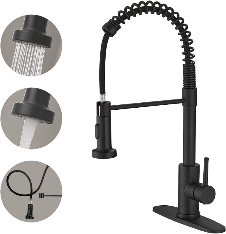 Photo 1 of  Kitchen Faucets with Pull Out Sprayer Commercial Spring Kitchen Sink Faucet Matte Black Single Handle Kitchen faucets with Deck Plate
