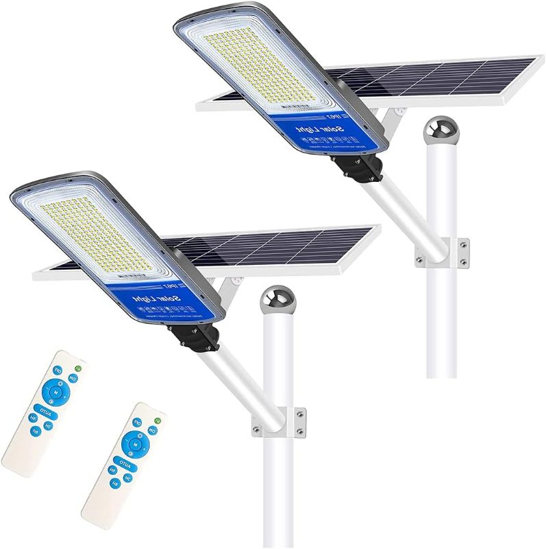 Photo 1 of 2 Pack Solar LED Parking Lot Lights,360W Aluminum Solar LED Street Light Dusk to Dawn with Remote Control, 6500K Daylight White