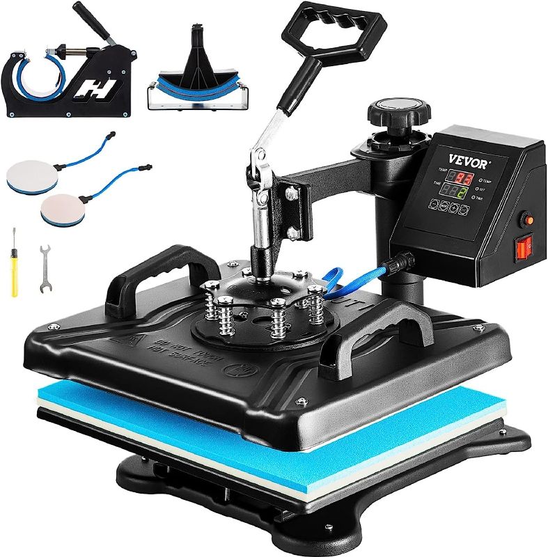 Photo 1 of VEVOR Heat Press Machine, 15 x 15 Inch, 6 in 1 Combo Swing Away T-shirt Sublimation Transfer Printer with Teflon Coated, Accessories Included, ETL/FCC Certificated (Color and model may Vary) 15×15 inch 6 in 1