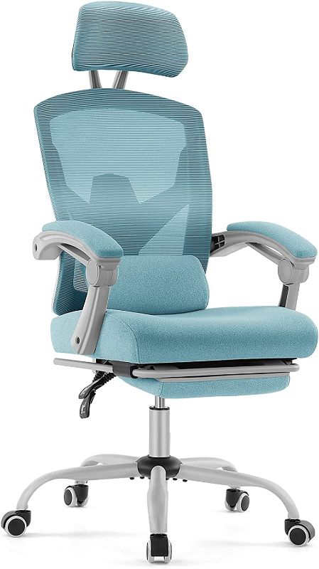 Photo 1 of Ergonomic Home Office Chair High Back Executive Desk Chair with Armsrest and Adjustable Headrest, Mesh Computer Chair with Retractable Footrest and Lumbar Support (Blue)
