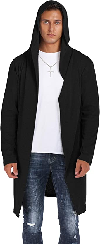 Photo 1 of RAGEMALL Mens Long Cardigan Open Front Draped Lightweight Hooded Sweater with Pockets