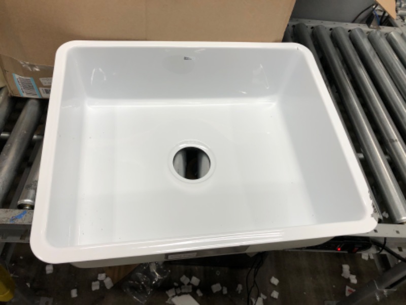 Photo 4 of **corner is chipped**
KRAUS Pintura 21-inch Porcelain Enameled Steel Undermount Single Bowl Kitchen Sink in White, KE1US21GWH 21 Inch White