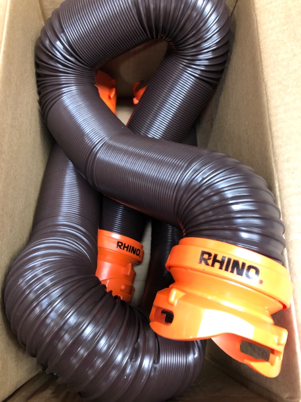 Photo 3 of Camco 20' (39742) RhinoFLEX 20-Foot RV Sewer Hose Kit, Swivel Transparent Elbow with 4-in-1 Dump Station Fitting-Storage Caps Included , Black , Brown 20ft Sewer Hose Kit Frustration-Free Packaging