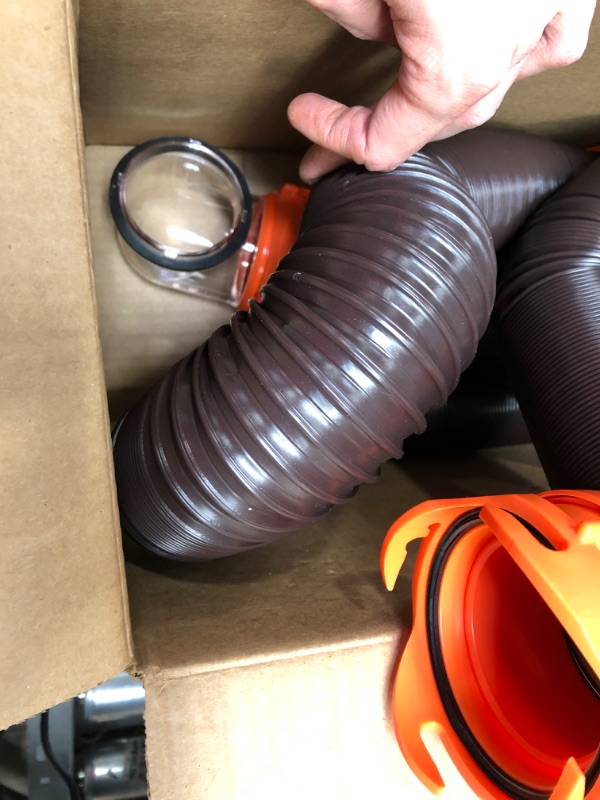 Photo 4 of Camco 20' (39742) RhinoFLEX 20-Foot RV Sewer Hose Kit, Swivel Transparent Elbow with 4-in-1 Dump Station Fitting-Storage Caps Included , Black , Brown 20ft Sewer Hose Kit Frustration-Free Packaging