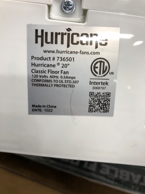 Photo 3 of *** POWERS ON *** Hurricane Box Fan - 20 Inch, Classic Series, Floor Fan with 3 Energy Efficient Speed Settings, Compact Design, Lightweight - ETL Listed, White Box Fan 20"