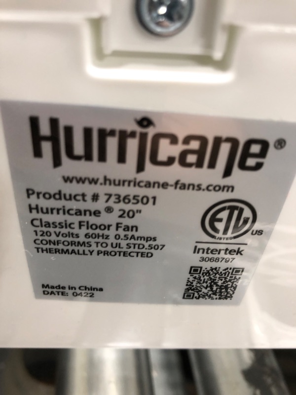 Photo 3 of *** NOT FUNCTIONAL **** Hurricane Box Fan - 20 Inch, Classic Series, Floor Fan with 3 Energy Efficient Speed Settings, Compact Design, Lightweight - ETL Listed, White Box Fan 20"