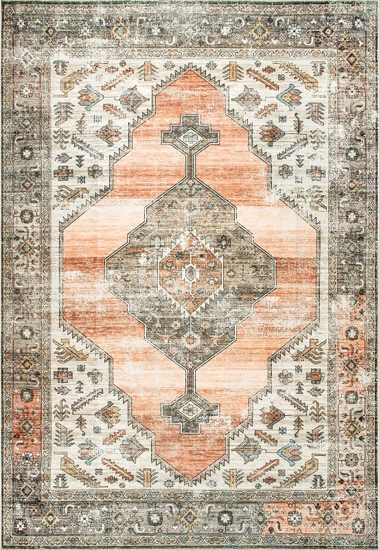 Photo 1 of 
nuLOOM Gracie Machine Washable Distressed Medallion Tappeto, Polipropilene, Pesca, 3' x 5'