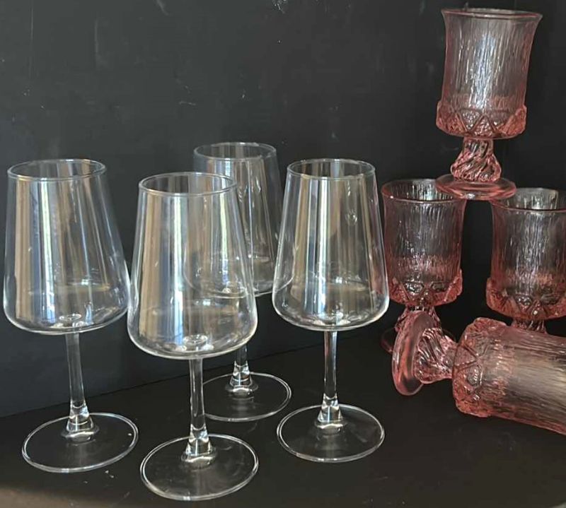 Photo 1 of 4 ELEGANT SLIM WINE GLASSES AND 4 HEAVY PRESSED PINK GLASS GOBLETS