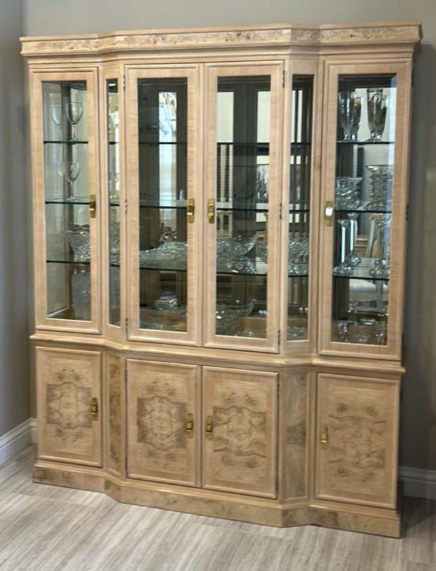 Photo 1 of LIGHTED DREXEL HERITAGE BLOND BURL WOOD CHINA HUTCH 68” x 18” x 83” (CONTENTS SOLD SEPARATELY)