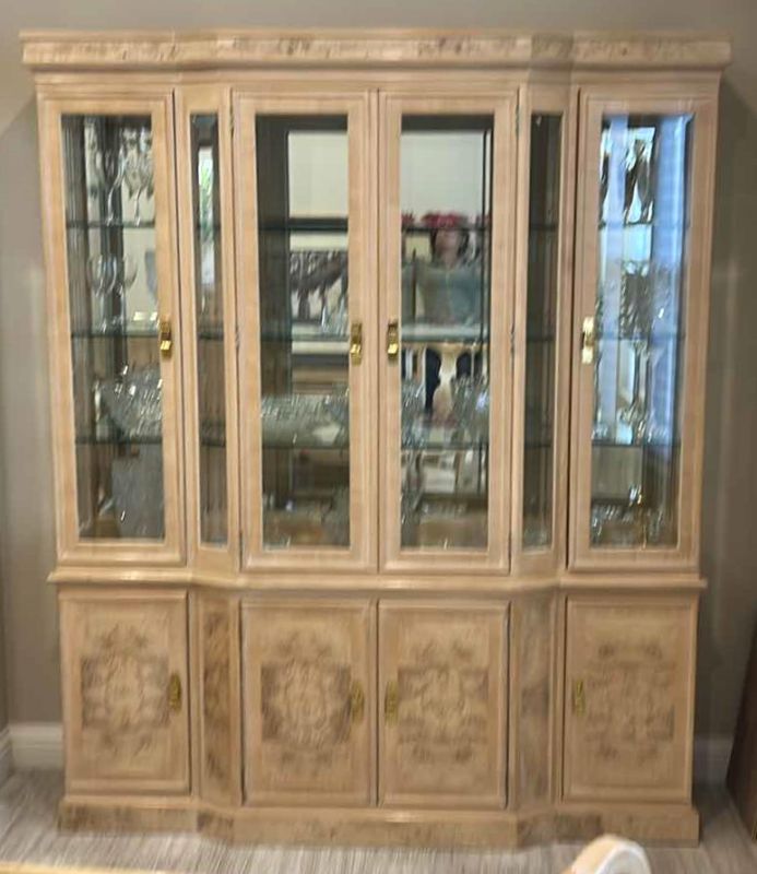 Photo 2 of LIGHTED DREXEL HERITAGE BLOND BURL WOOD CHINA HUTCH 68” x 18” x 83” (CONTENTS SOLD SEPARATELY)