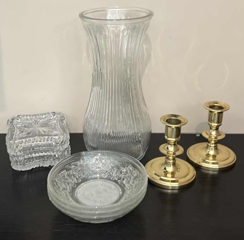 Photo 1 of CRYSTAL, BRASS AND GLASS ASSORTMENT