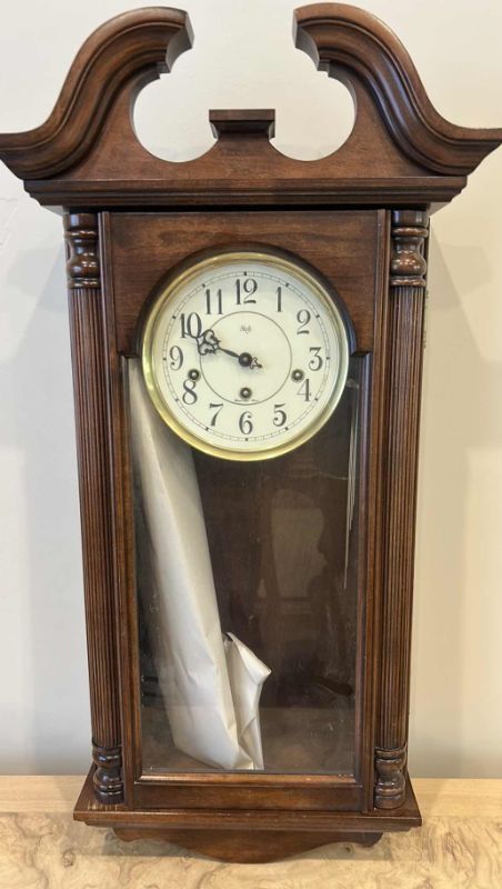 Photo 1 of SLIGH WESTMINSTER CHIME PENDULUM CLOCK (CENTER TOP PIECE WAS FOUND AND POPS RIGHT IN)
15 1/2” x 6” x 30”