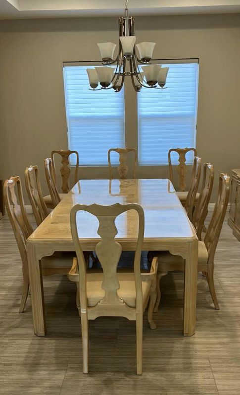 Photo 1 of DREXEL HERITAGE CORINTHIAN BLOND BURLED ASH  DINING ROOM TABLE WITH 3 LEAFS, CUSTOM TOP PADDING AND 10 CHAIRS (AS SHOWN 46” x 96” WITH ONE 22” LEAF) PLUS 2 MORE 22” LEAFS