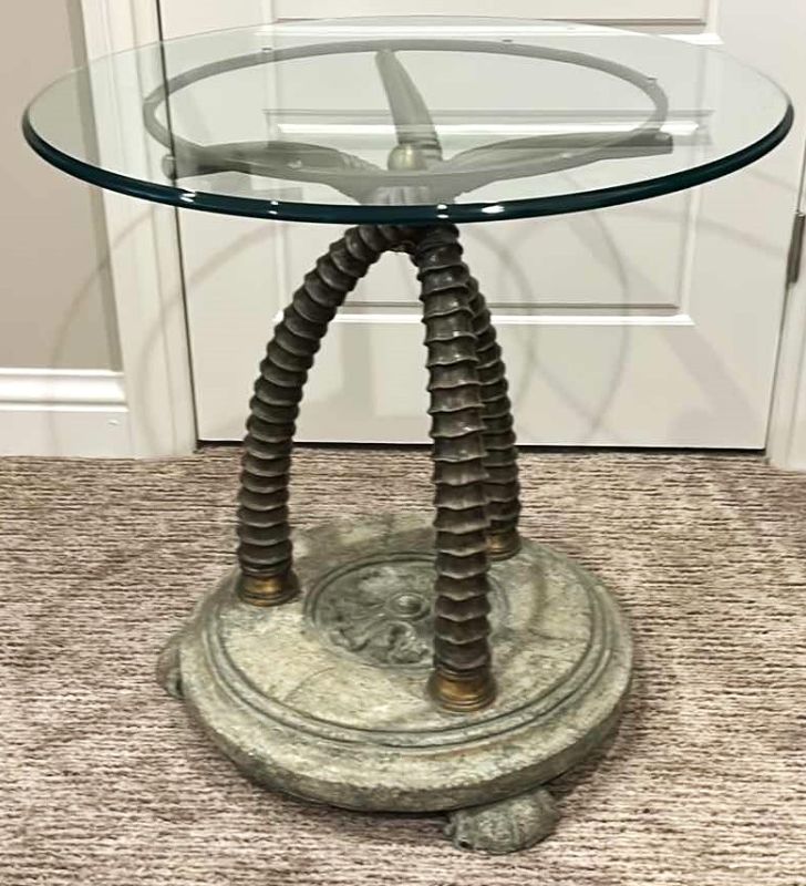 Photo 1 of THOMASVILLE HEMINGWAY COLLECTION UNIQUE HEAVY MIXED MEDIA ACCENT TABLE (CERAMIC, METAL, GLASS TOP) 25.5” x 25.5”