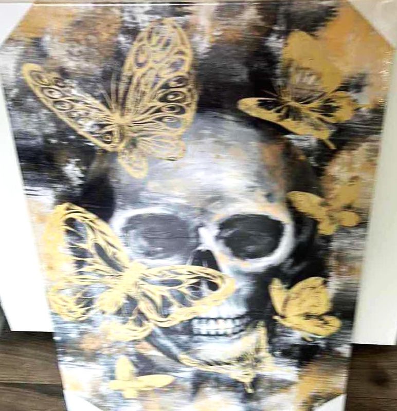 Photo 2 of SKULL AND BUTTERFLIES STRETCH CANVAS ARTWORK 23 1/2” x 36” NEW