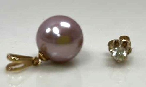 Photo 2 of 14K PENDANT WITH ROSE COLORED PEARL AND 14K STUD EARRING WITH DIAMOND