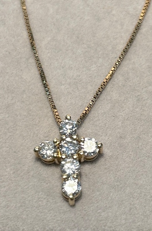 Photo 1 of 14K YELLOW GOLD CHAIN w 14K GOLD CROSS PENDANT 1.25 cwt DIAMONDS 5 TTL G OVERALL LENGTH 19” #9