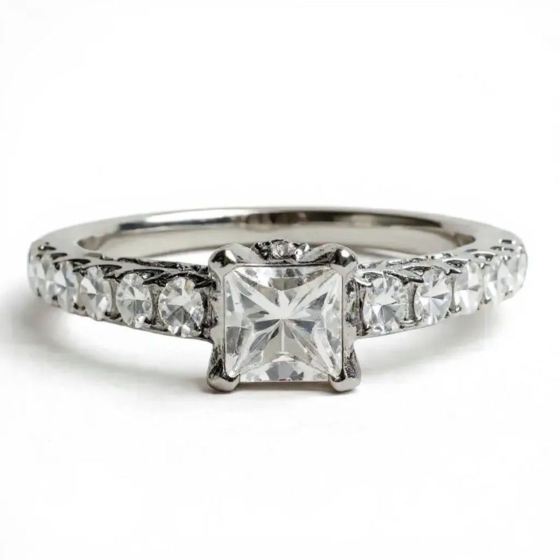 Photo 1 of 14K WHITE GOLD 1cwt PRINCESS CUT CENTER DIAMOND RING 3.9G SIZE 7 1/4  #20