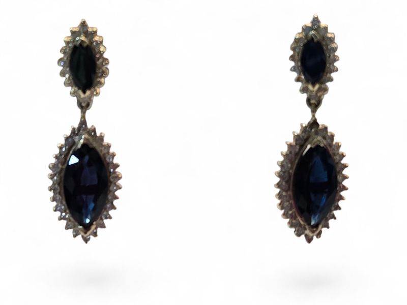 Photo 1 of 14K YELLOW GOLD w 8cwt SAPPHIRES & 2cwt DIAMOND EARRINGS 8 TTL G DROP 1 1/2” #7