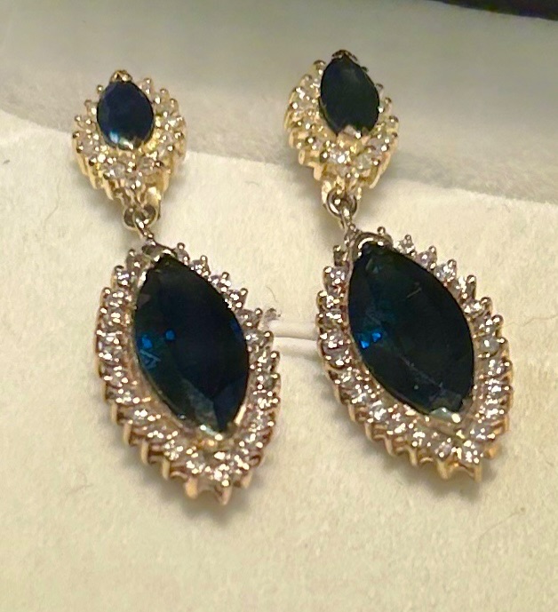 Photo 1 of 14K YELLOW GOLD w 8cwt SAPPHIRES & 2cwt DIAMOND EARRINGS 8 TTL G DROP 1 1/2” #7