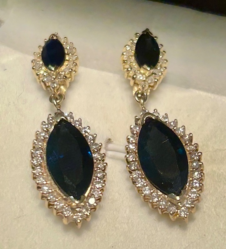 Photo 1 of 14K YELLOW GOLD w 8cwt SAPPHIRES & 2cwt DIAMOND EARRINGS 8 TTL G DROP 1 1/2” #7