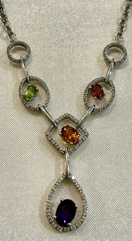 Photo 1 of 14K WHITE GOLD MULTI GEM STONES w 1cwt DIAMONDS NECKLACE 11.89G CHAIN 14” DROP 2 1/2” #30
