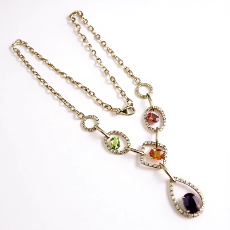Photo 1 of 14K WHITE GOLD MULTI GEM STONES w 1cwt DIAMONDS NECKLACE 11.89G CHAIN 14” DROP 2 1/2” #30