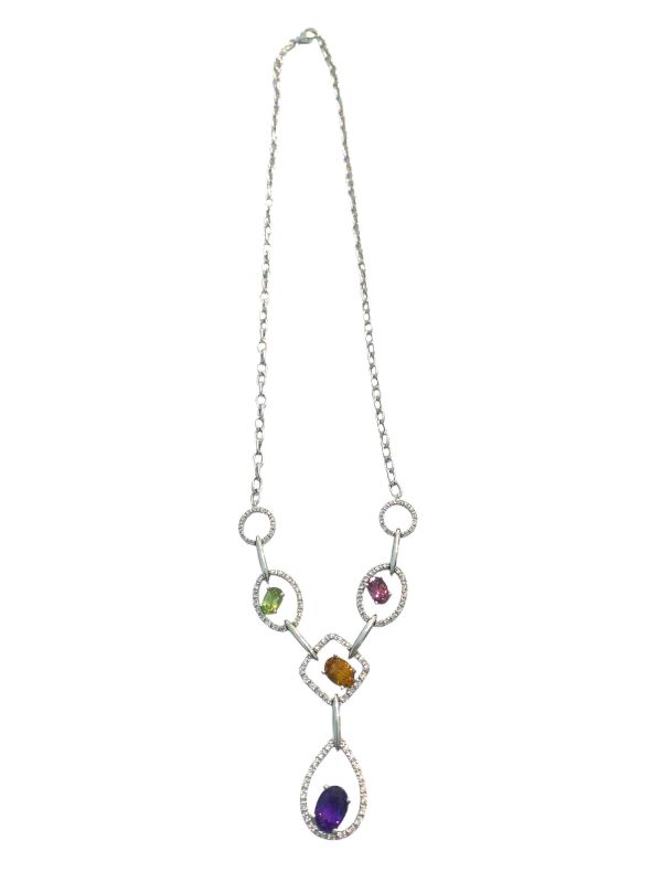 Photo 1 of 14K WHITE GOLD MULTI GEM STONES w 1cwt DIAMONDS NECKLACE 11.89G CHAIN 14” DROP 2 1/2” #30