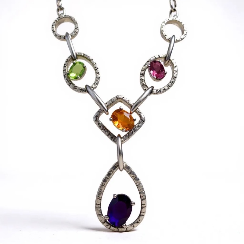 Photo 1 of 14K WHITE GOLD MULTI GEM STONES w 1cwt DIAMONDS NECKLACE 11.89G CHAIN 14” DROP 2 1/2” #30