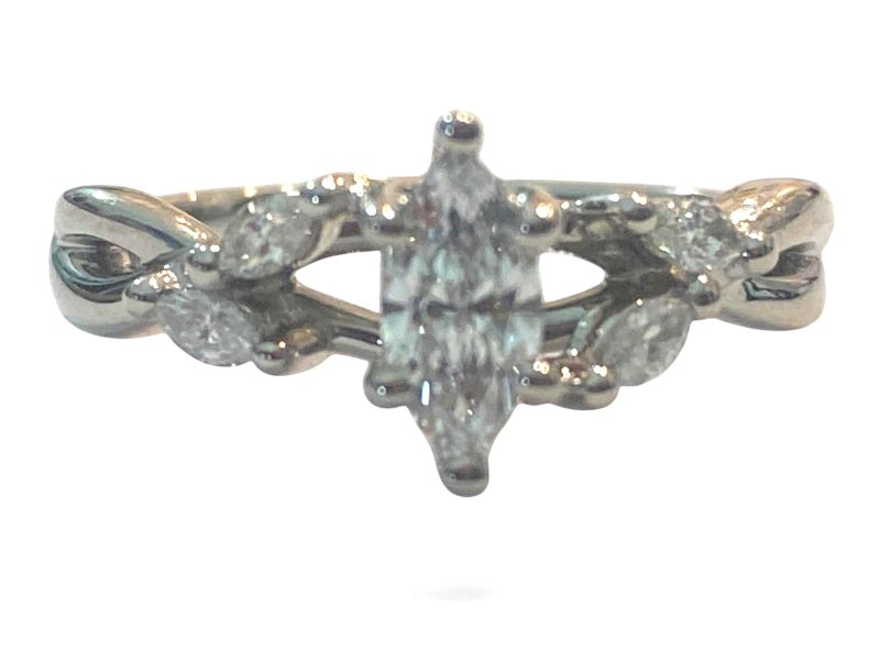 Photo 1 of 14K WHITE GOLD w 0.50cwt CENTER MARQUEE DIAMOND & 0.20ctw SIDE DIAMONDS RING 5G SIZE 5 1/2 #26