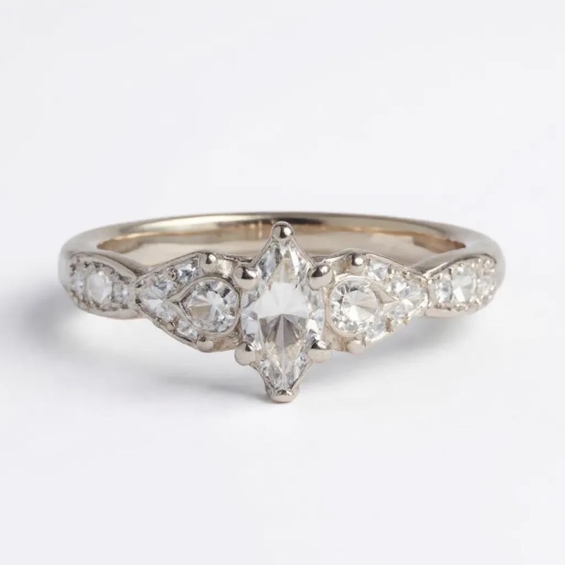 Photo 1 of 14K WHITE GOLD w 0.50cwt CENTER MARQUEE DIAMOND &  0.20ctw SIDE DIAMONDS RING 5G SIZE 5 1/2 #26