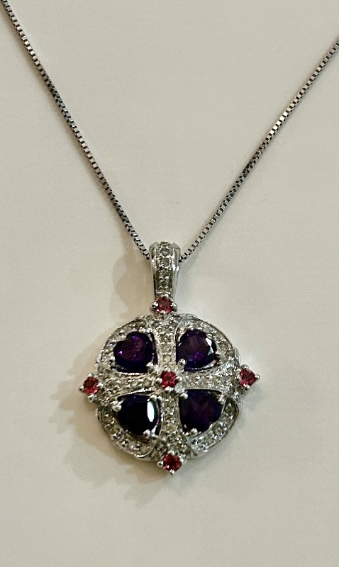 Photo 1 of 14K WHITE GOLD 3cwt AMETHYST 0.50cwt DIAMONDS NECKLACE 7.6G CHAIN 19” #31