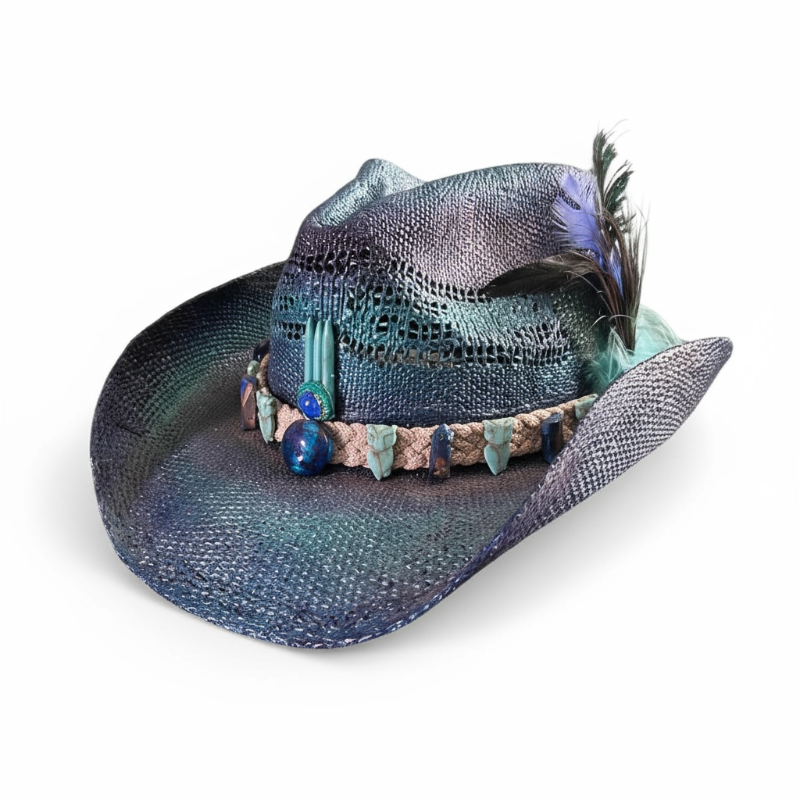Photo 1 of TOYO STRAW DECORATED DRIFTER COWBOY HAT PURPLE TURQUOISE