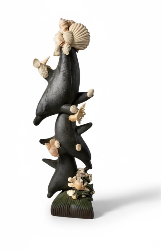 Photo 1 of BLACK RESIN 3 DOLPHINS W SEASHELLS SCULPTURE H 37"