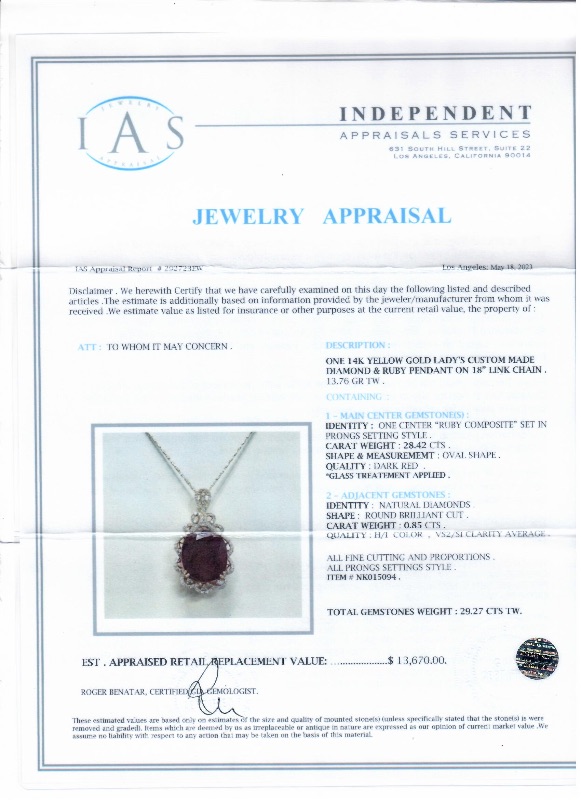 Photo 4 of 14K Gold Custom Made Diamond & Ruby Pendant on 18" Link Chain W MSRP Appraisal  NK015094