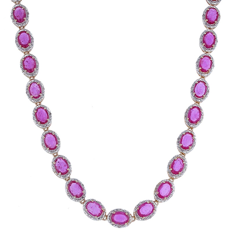 Photo 1 of 925 Silver 39.36 cts Ruby and .43 cts Diamond 17.5" Necklace W Yellow Gold Overlay By Orianne    S41778 