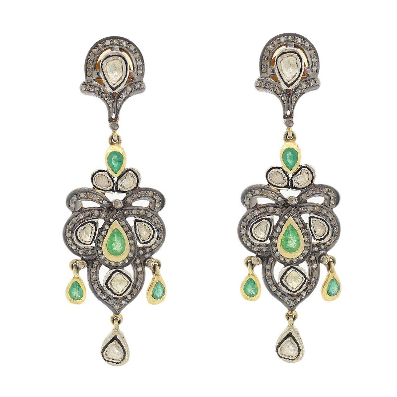 Photo 1 of Custom Cast & Assembled Silver and Gold Emerald and Diamond Earrings    S23171