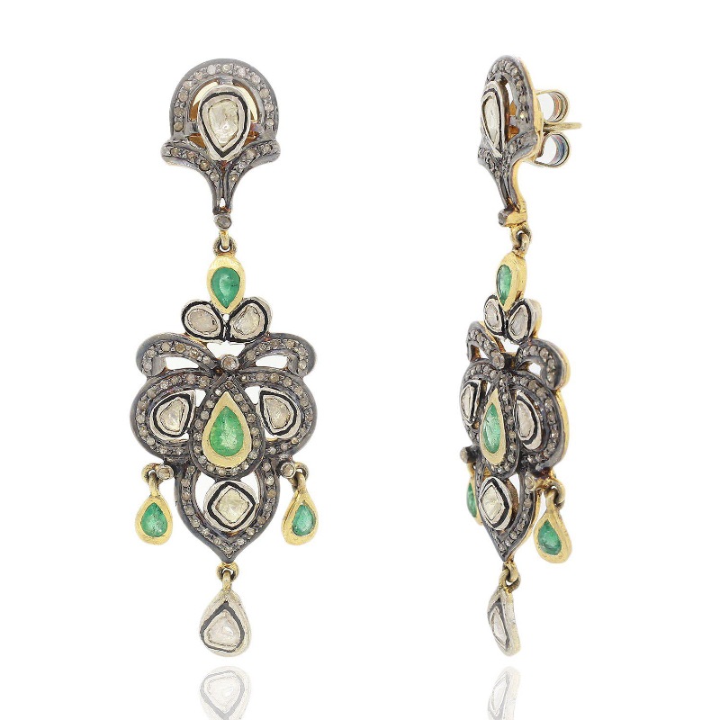 Photo 2 of Custom Cast & Assembled Silver and Gold Emerald and Diamond Earrings    S23171