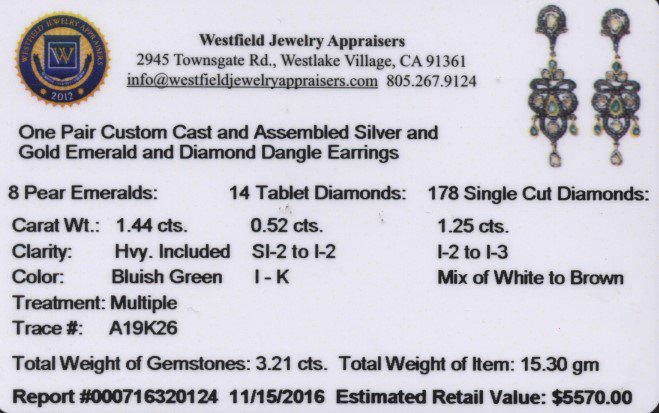 Photo 4 of Custom Cast & Assembled Silver and Gold Emerald and Diamond Earrings    S23171
