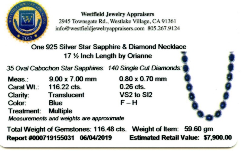 Photo 4 of 925 Silver Star 116.22cts Blue Sapphire and 0.26cts Diamond 17.5" Necklace   S31250